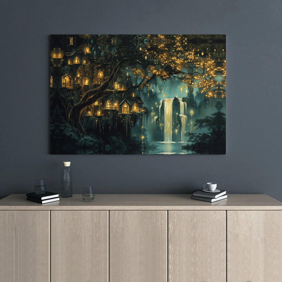 Enchanted Treehouse Canvas Wall Art | Glowing Fairy Forest Waterfall | Premium Gallery Wrapped Decor | Fantasy Room Gift for Home