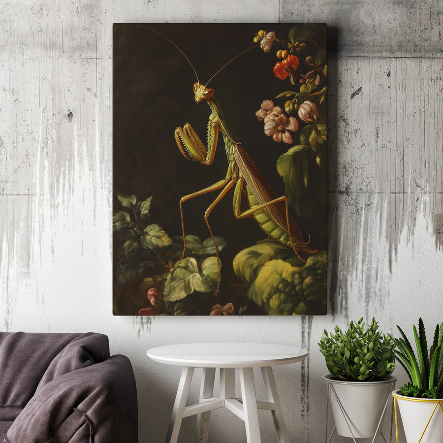 Praying Mantis Wall Art | Vintage Botanical Insect Painting | Premium Gallery-Wrapped Canvas | Unique Nature Lover Home Decor Gift