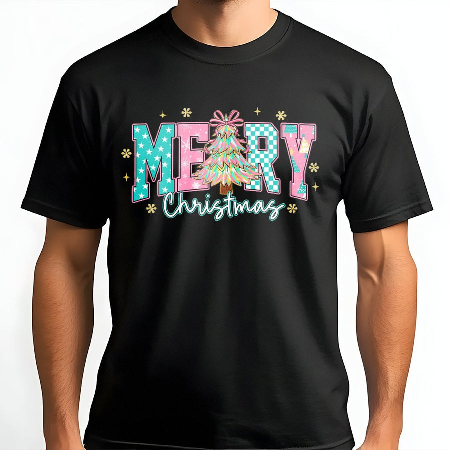 Merry Christmas T-Shirt | Pastel Aesthetic Holiday Tree Graphic | Soft Cotton Festive Holiday Gift | Women and Teens Winter Holiday Party Outfit