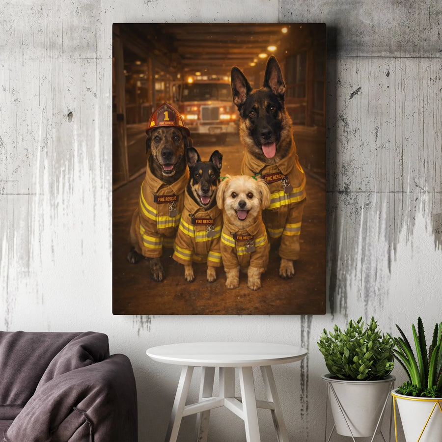 Firefighter Dogs Canvas Wall Art | Heroic Canine Rescue Team Portrait | Premium Gallery Wrapped Canvas | Gift for Firefighters & Fire Station Decor