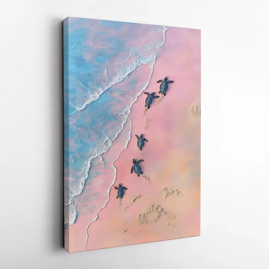 Baby Sea Turtles Wall Art | Pink Sand Beach Ocean Print | Gallery Wrapped 1.25" Canvas | Coastal Home Decor Nursery Gift
