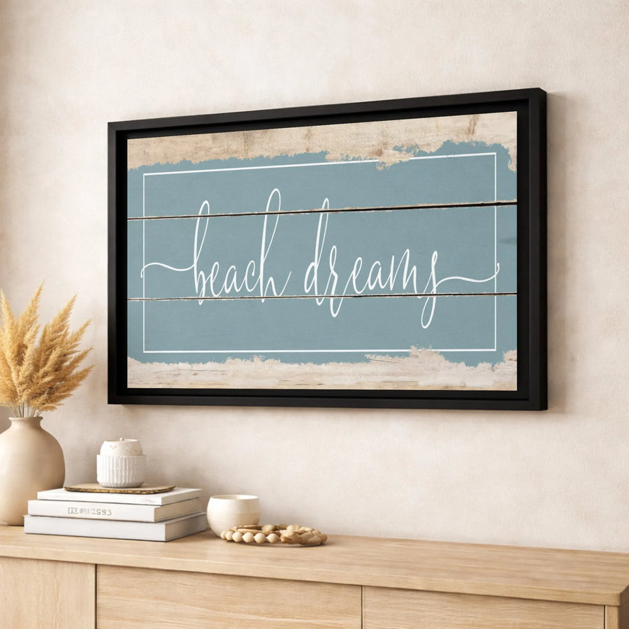 Beach Dreams Wall Art | Coastal Cursive Typography Canvas | Premium Gallery Wrapped Decor | Relaxing Ocean Home Interior Gift