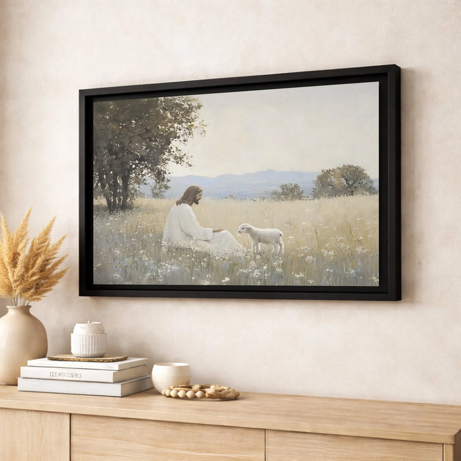 Jesus With Lamb Wall Art | Religious Meadow Painting | Premium Gallery-Wrapped Canvas | Christian Home Decor Gift