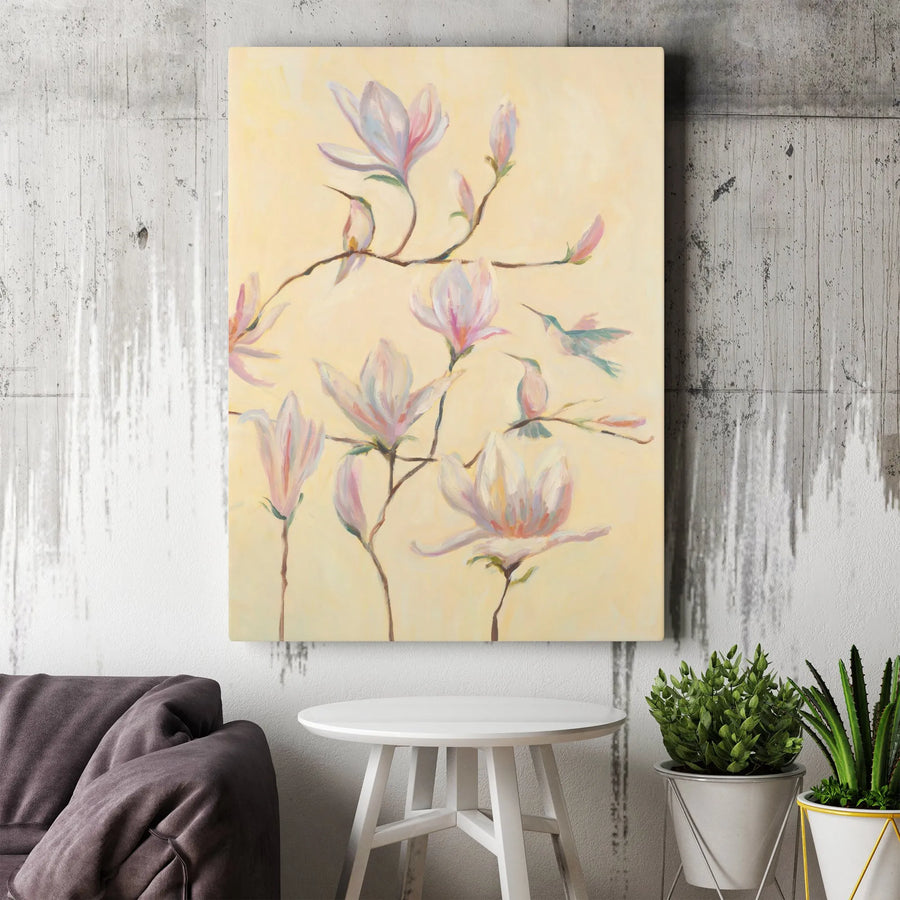 Magnolia and Hummingbird Canvas Wall Art | Pink Floral Watercolor Painting Print, Diptych Right Panel | Premium Gallery Wrapped Canvas | Botanical Home Decor Gift