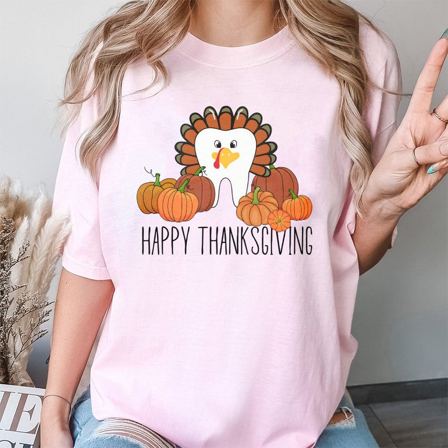 Happy Thanksgiving Tooth T-Shirt | Cute Turkey Dental Hygienist Fall Graphic | Premium 100% Cotton | Gift for Dentists & Dental Assistants