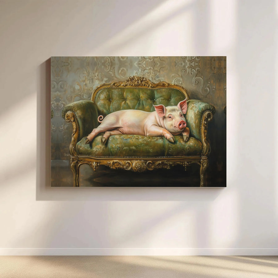 Regal Pig Painting Canvas Wall Art | Funny Lounging Pig on Vintage Sofa | Premium Matte Canvas Print | Unique Farmhouse Decor Gift for Animal Lover