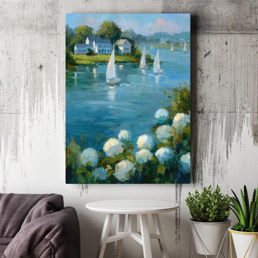 Coastal Sailboat Canvas Wall Art | Impressionist Hydrangea Seascape Painting | Premium Gallery Wrap Print | Serene Nautical Home Decor Gift