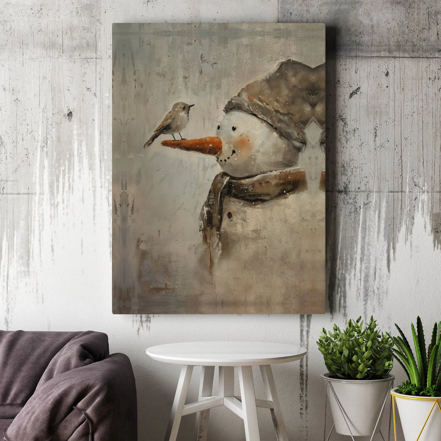 Rustic Snowman Canvas Wall Art | Whimsical Winter Bird Painting | Premium Gallery-Wrapped Print | Cozy Farmhouse Holiday Home Decor Gift