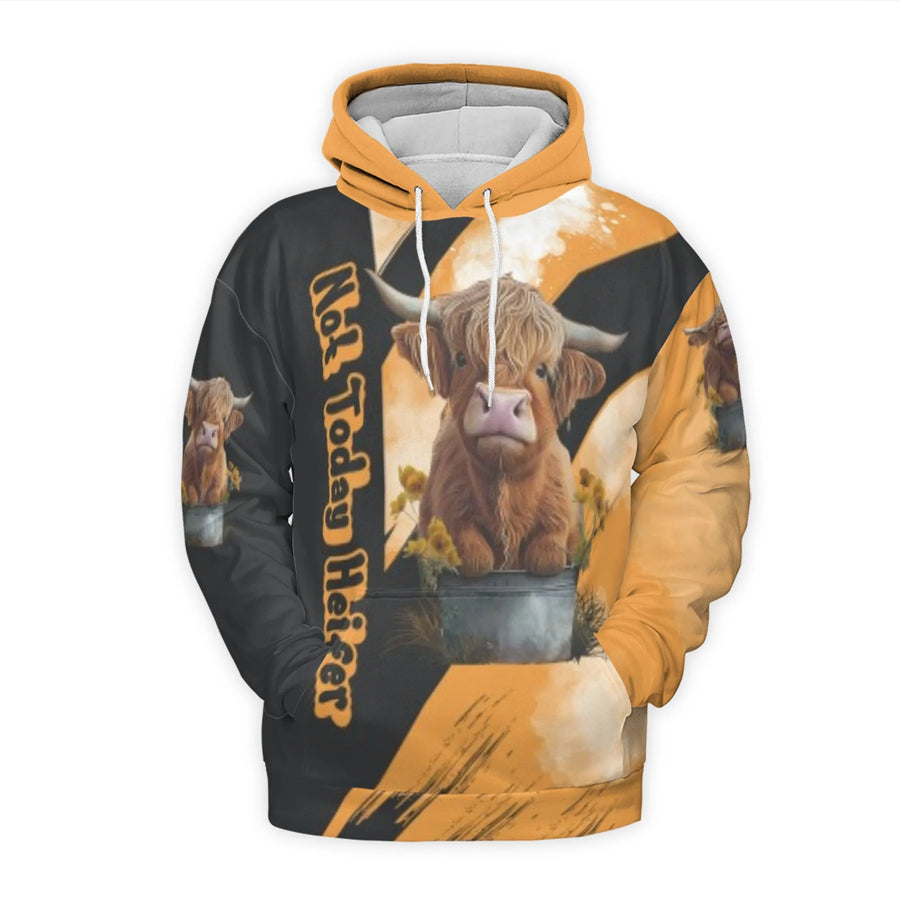 Not Today Heifer Hoodie | Highland Cow 3D Graphic Print | Premium Polyester Brushed Fleece | Funny Farm Animal Gift for Her
