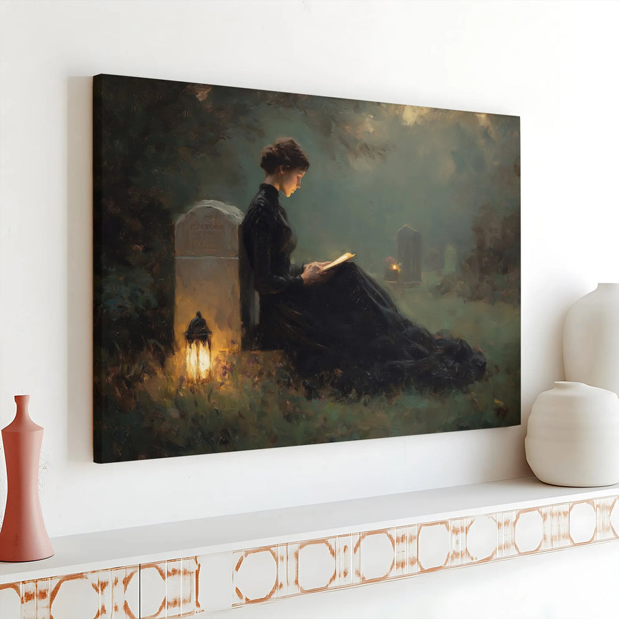 Gothic Victorian Wall Art | Woman Reading by Lantern in Cemetery | Gallery Wrapped Canvas Print | Moody Dark Academia Home Decor Gift