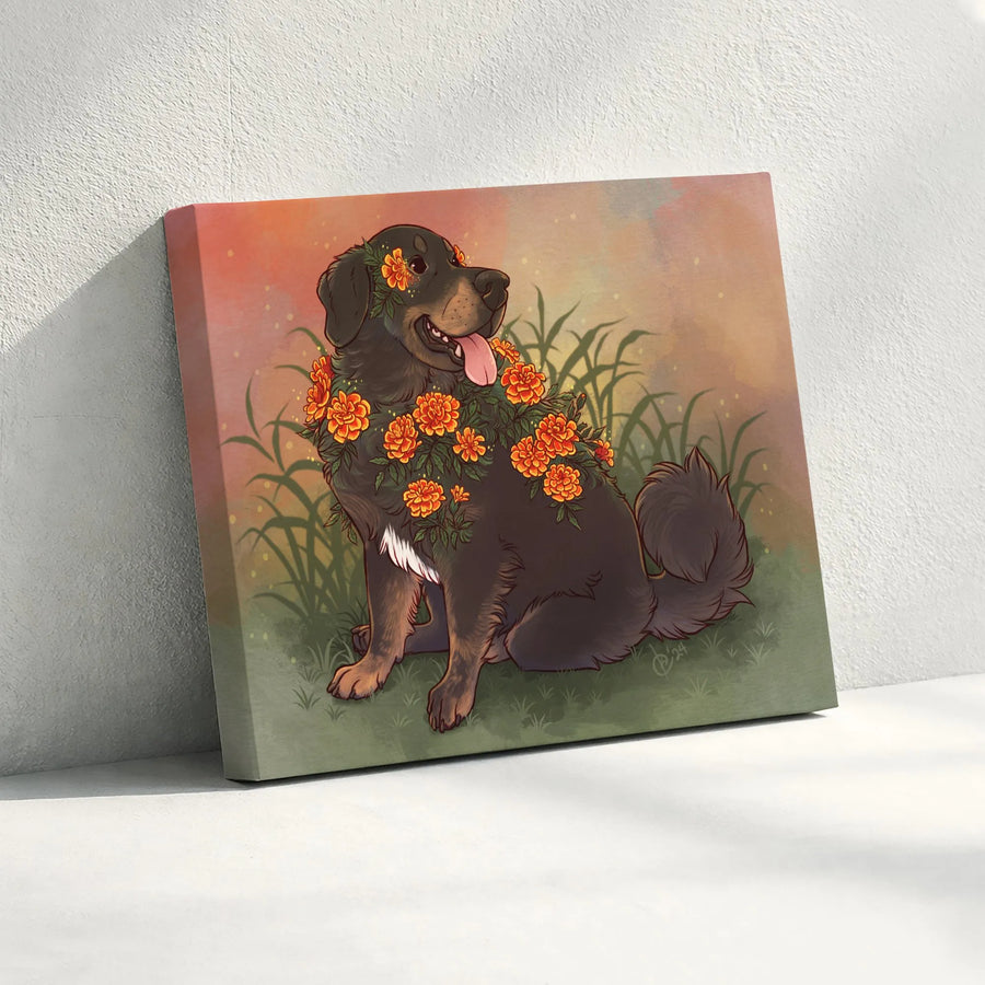 Marigold Dog Canvas Print | Day of the Dead Pet Memorial Art | Thick Gallery Wrapped Canvas | Unique Gift for Dog Lover & Pet Owners