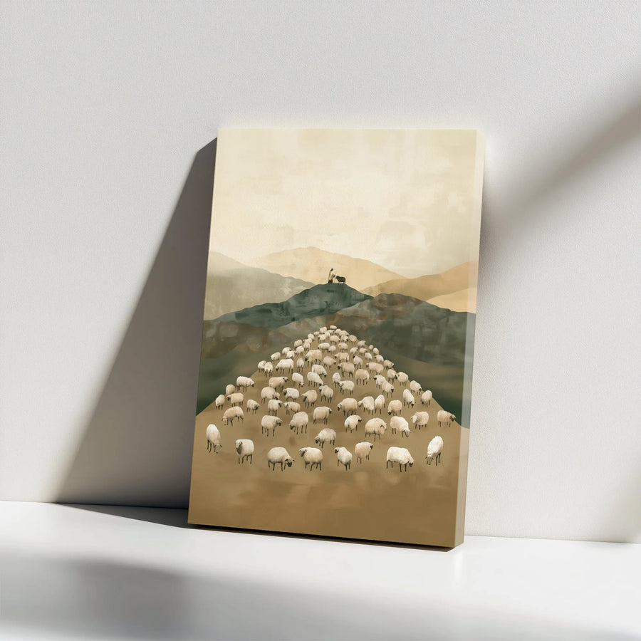 Good Shepherd Canvas | Minimalist Christian Artwork with Sheep Flock | Premium Canvas Print | Religious Home Decor Gift