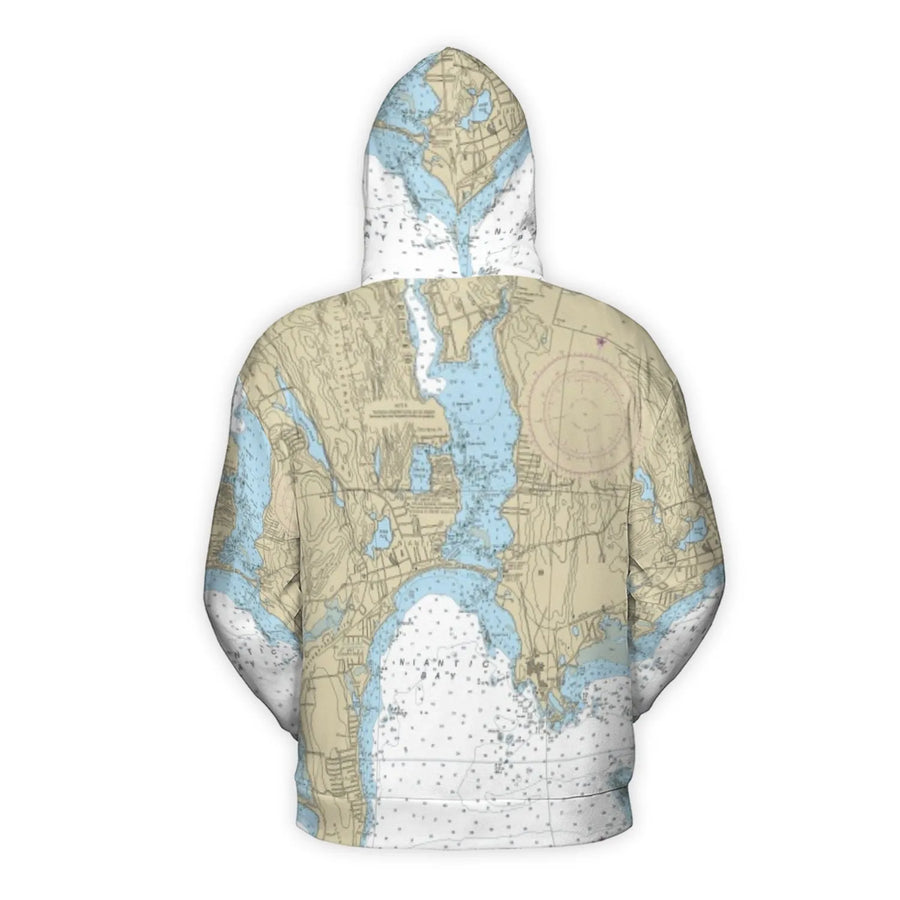 Niantic Bay Nautical Chart Hoodie | All-Over Print Map Sweatshirt | Premium Polyester Fleece | Gift For Boating Enthusiasts And Sailors