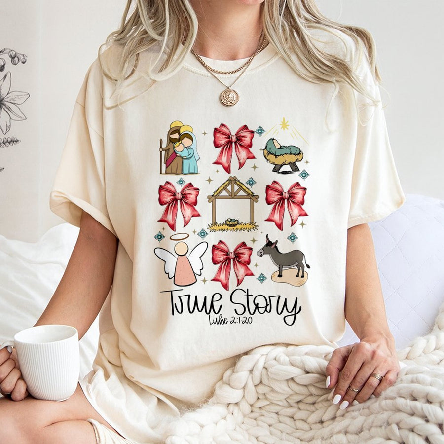 Nativity Scene Christmas T-Shirt | True Story Luke 2:1-20 Coquette Bow Graphic | Premium 100% Cotton | Religious Holiday Gift for Christian Women