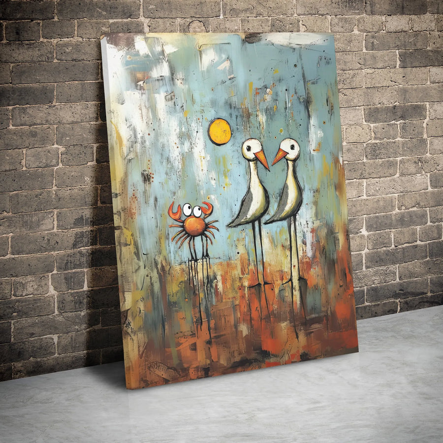 Whimsical Coastal Birds and Crab Canvas | Abstract Beach Wall Art | Premium Gallery Wrap Print | Charming Nursery and Home Decor Gift