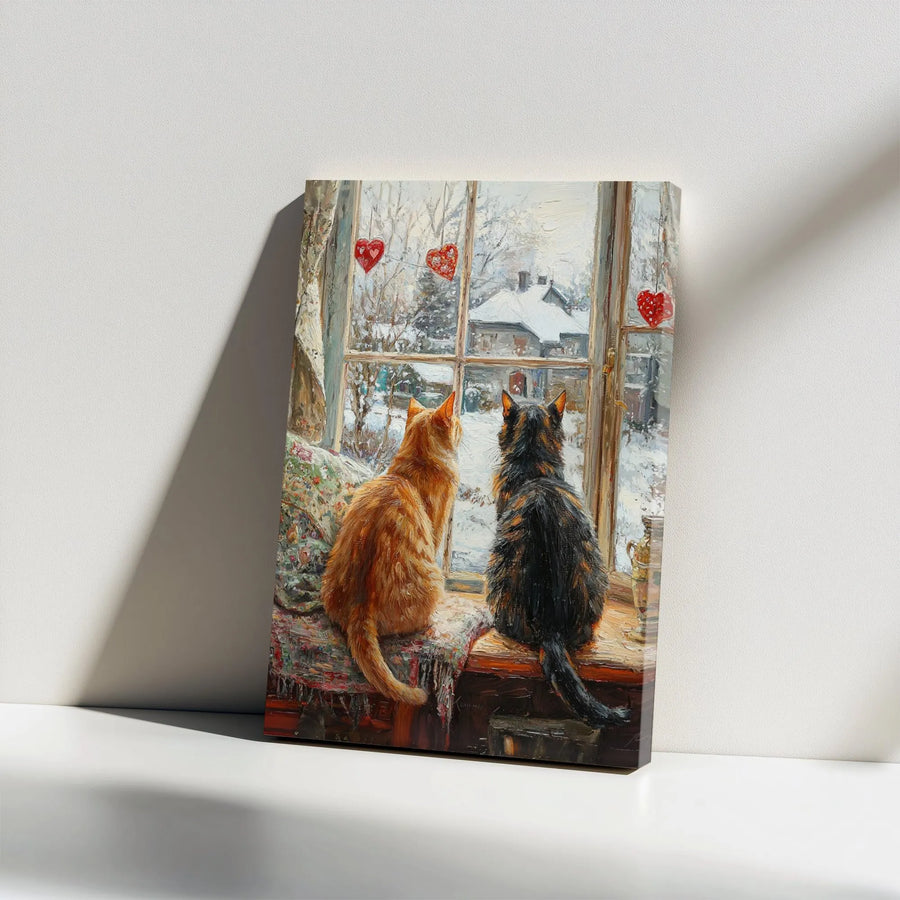 Two Cats Winter Window Canvas Wall Art | Impressionist Oil Painting Style Print | Premium Gallery Wrapped Canvas | Cozy Home Decor Gift for Cat Lover