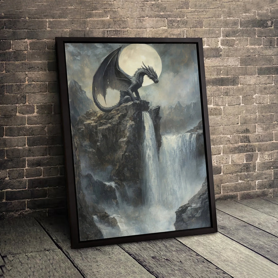 Dragon Wall Art Canvas | Moody Fantasy Landscape with Waterfall and Full Moon | Premium 1.25 inch Gallery Wrap | Gift for Fantasy Lovers