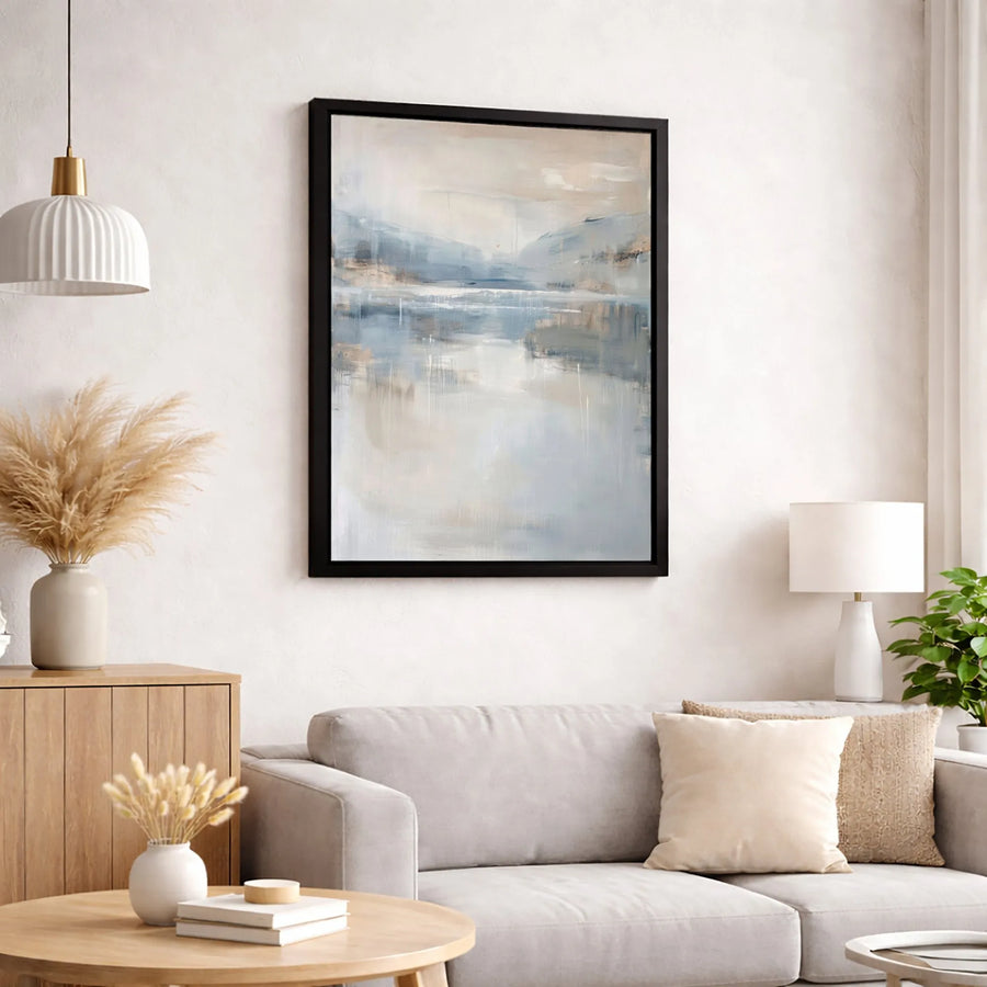 Abstract Coastal Landscape Canvas | Muted Blue and Beige Wall Art | Premium Gallery Wrap Print | Modern Home Decor for Bedroom or Living Room