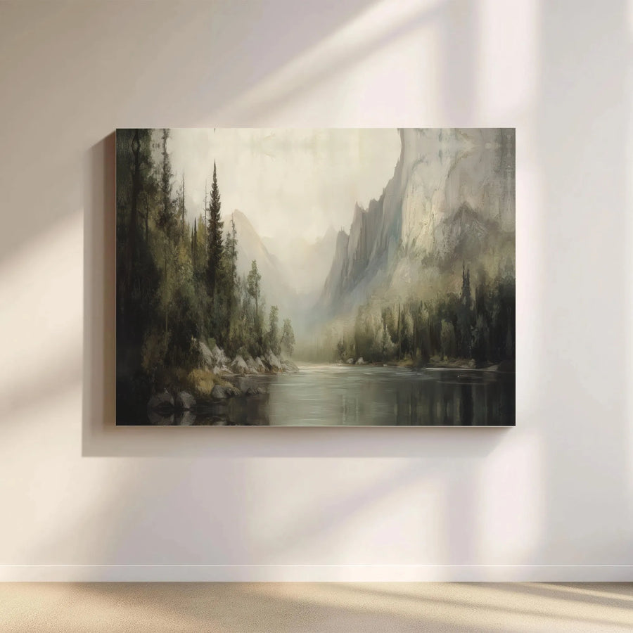 Misty Mountain River Landscape Canvas | Moody Forest Wall Art | Premium 1.25-Inch Gallery Wrap | Serene Nature Decor For Home Or Office
