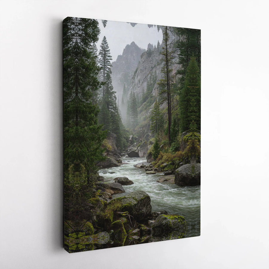 Mountain River Canvas Wall Art | Misty Pine Forest Landscape Print | Premium Gallery Wrapped Canvas | Rustic Cabin Decor for Nature Lovers