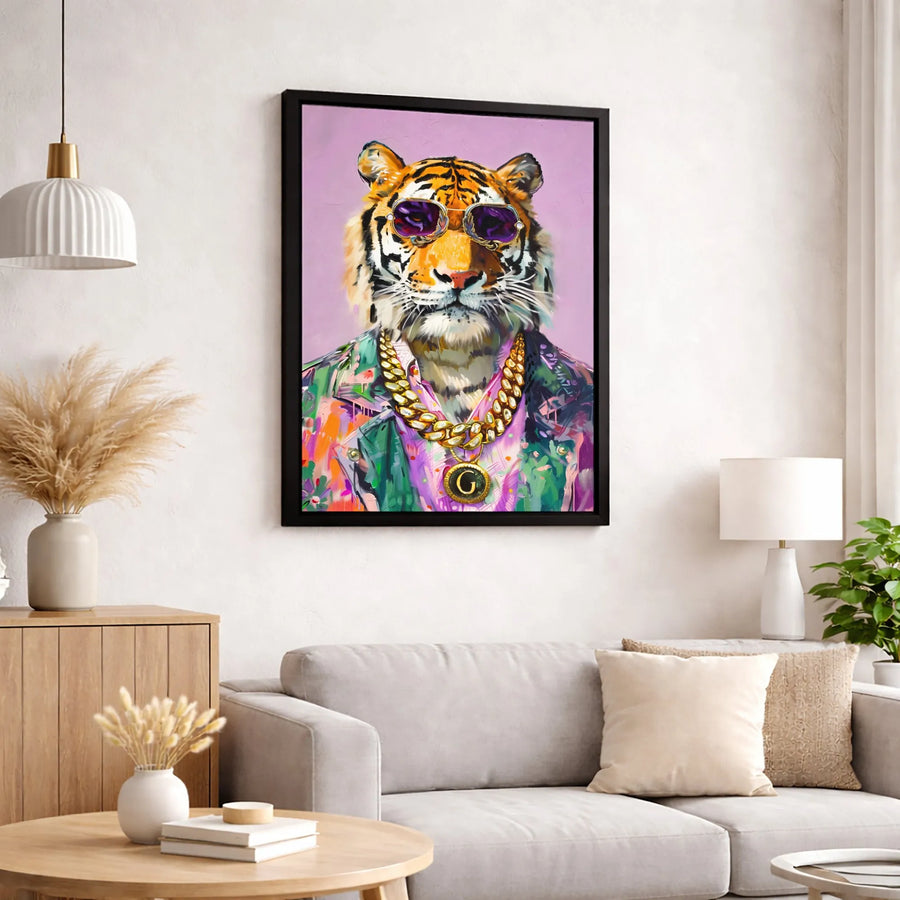 Cool Tiger Wall Art | Hip Hop Style Tiger with Gold Chain | Premium Canvas Print | Unique Urban Decor for Living Room or Office
