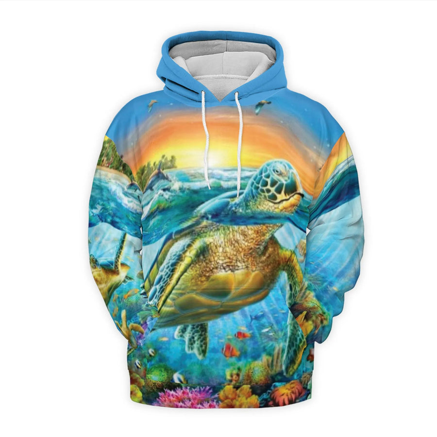 Sea Turtle Hoodie | Ocean Coral Reef Sunset 3D Graphic | Premium Brushed Fleece Knit | Unisex Nature Lover Gift