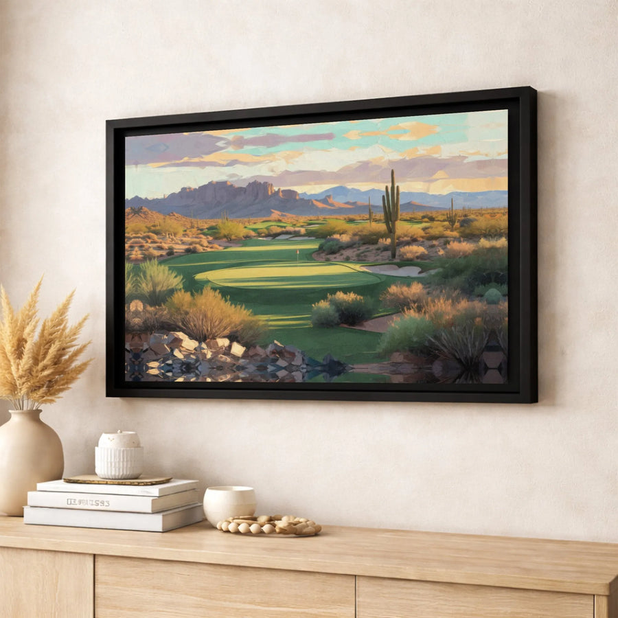 Arizona Desert Golf Canvas Art | Southwestern Landscape with Saguaro Cactus | Premium Gallery Wrapped Print | Unique Golfer Gift for Office Decor