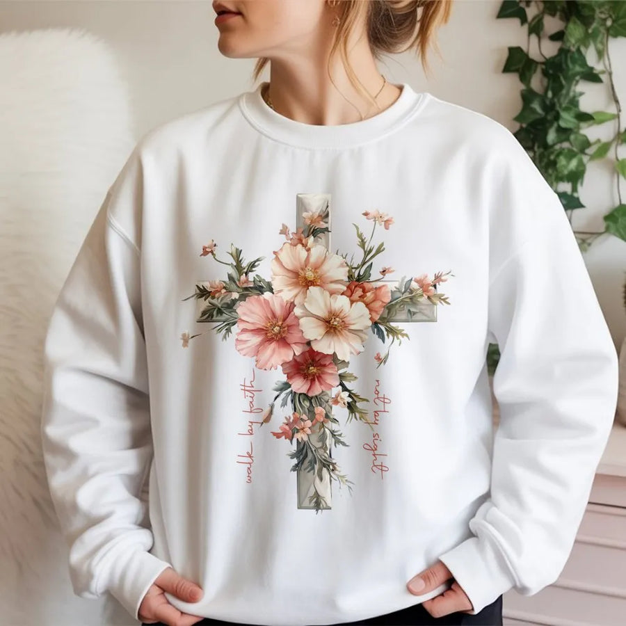 Jesus Floral Cross Sweatshirt | Walk By Faith Bible Verse Graphic | Premium Cotton Blend Christian Apparel | Religious Gift For Women