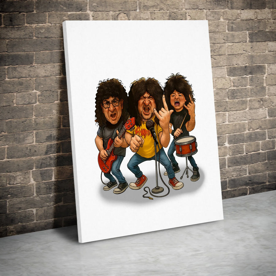 Rock Band Caricature Canvas Wall Art | Funny Music Trio Illustration | Premium 1.25-Inch Gallery Wrap | Gift for Guitarist Drummer Musician