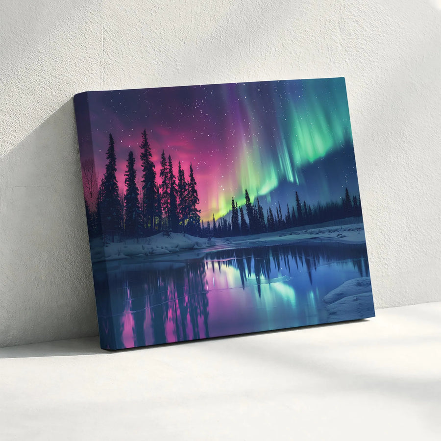 Northern Lights Canvas Wall Art | Aurora Borealis Winter Landscape with Lake Reflection | Premium Gallery Wrapped Print | Living Room & Bedroom Decor Gift