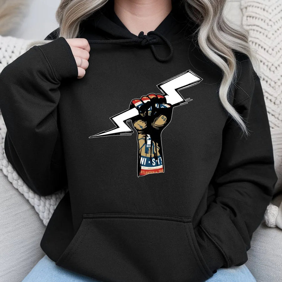 Lineman Hoodie | American Worker Power Fist Lightning Bolt Graphic | Premium Cotton Blend | Gift For Utility Electrician Technician