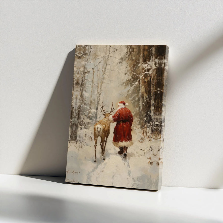 Vintage Santa Claus Wall Art | Snowy Forest Reindeer Print | Premium Gallery Wrapped Canvas | Christmas Home Decor Gift