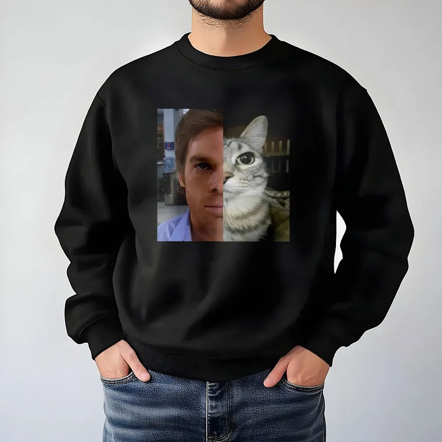 Split Face Cat Sweatshirt | Funny Meme Graphic Mashup | Premium Cotton Blend | Gift For TV Show Fans And Pet Lovers