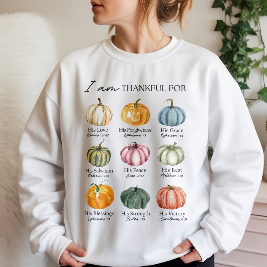 I Am Thankful For Pumpkin Sweatshirt | Christian Bible Verse Fall Graphic | Premium Cotton Blend | Faith-Based Thanksgiving Gift For Women