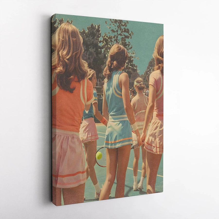 Vintage Tennis Girls Canvas Print | 1970s Retro Sport Wall Art | Premium Gallery Wrapped | Gift for Tennis Player and Coach