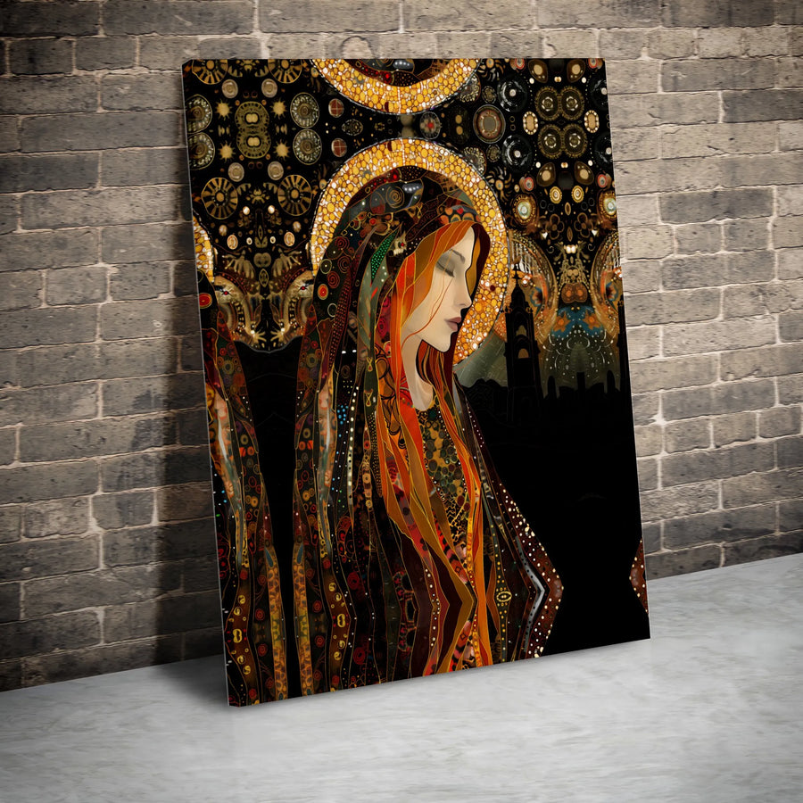 Abstract Madonna Canvas Wall Art | Klimt Inspired Gold Halo Design | Premium Frameless Canvas | Spiritual Home Decor Gift