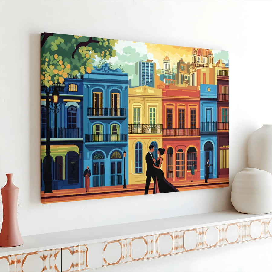 Tango Couple Canvas Wall Art | Colorful Havana Street Scene | 1.25 Inch Gallery Wrap | Romantic Home Decor Gift
