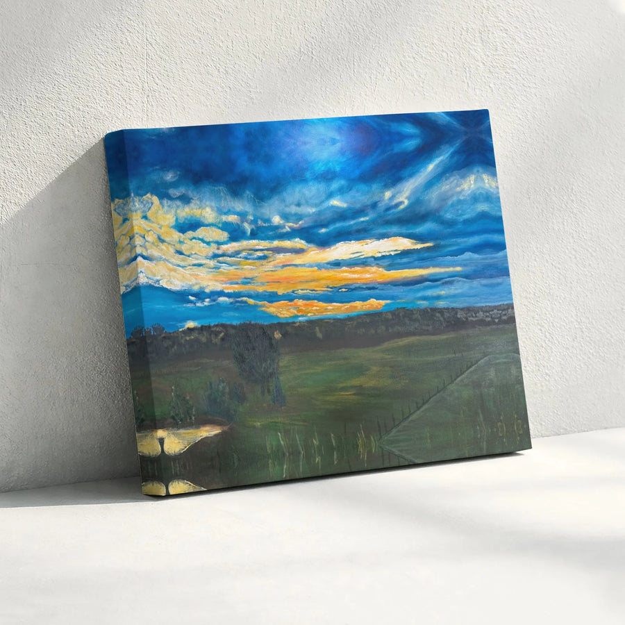 Impressionist Landscape Canvas Art | Vibrant Sunset Over Green Fields | Premium Gallery Wrapped Canvas | Modern Farmhouse Living Room Decor Gift