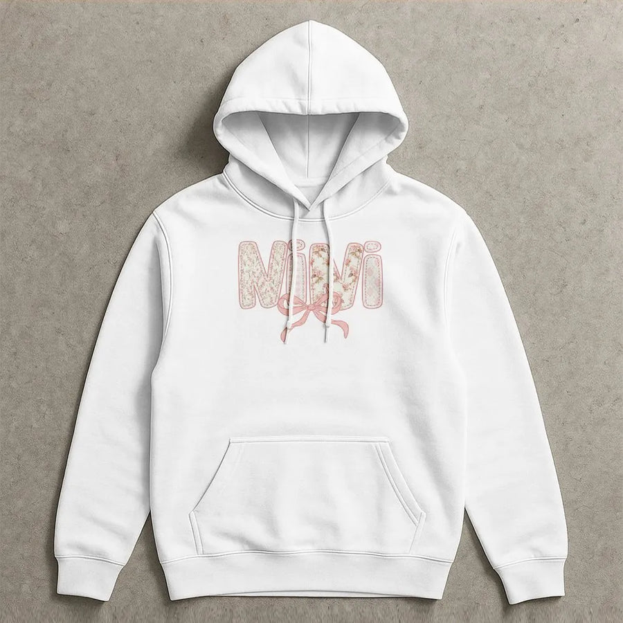 Mimi Hoodie | Floral Patchwork Letters with Pink Bow | Premium Cotton Blend | Gift for Grandma, Mother's Day, Pregnancy Announcement