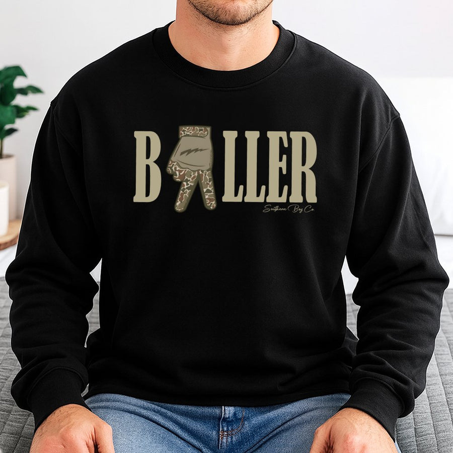 Baller Camo Hand Sign Sweatshirt | Trendy Sporty Graphic Crewneck | Premium Cotton Blend | Unisex Gift for Basketball Fans and Athletes