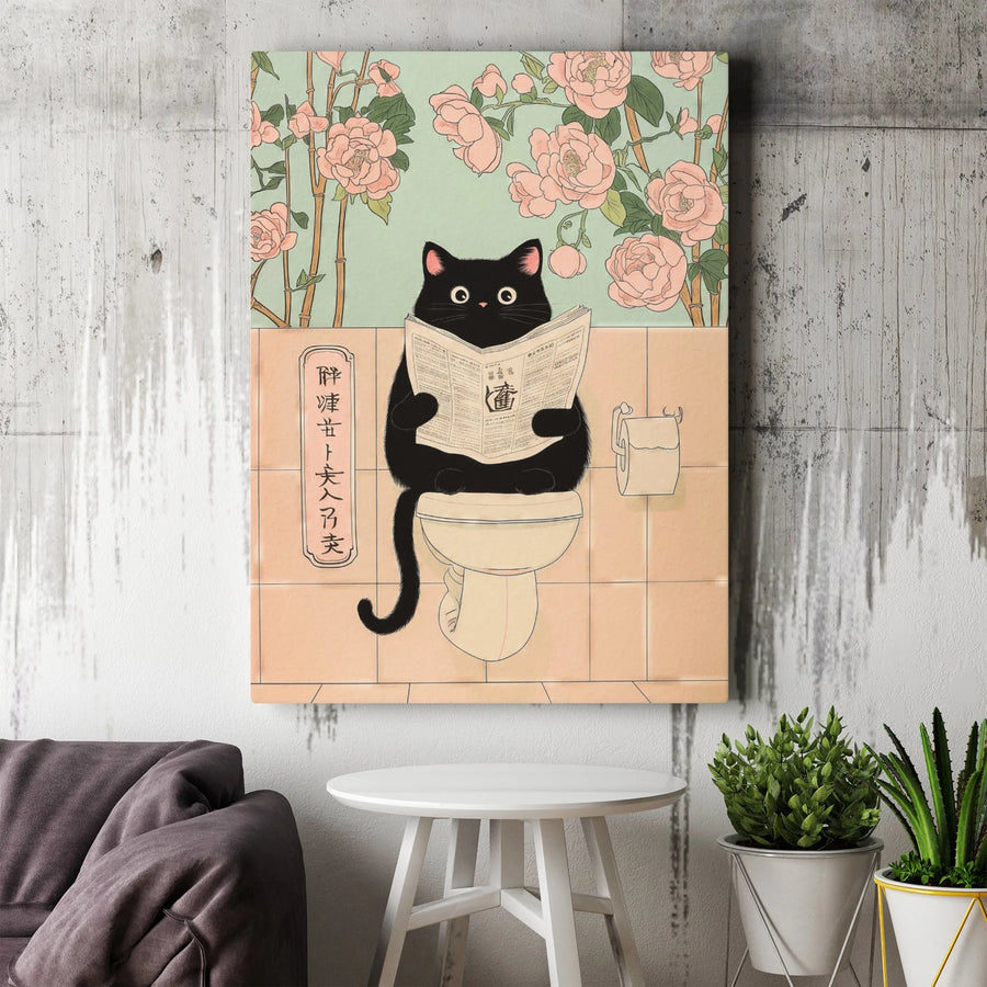 Black Cat Bathroom Wall Art | Funny Toilet Reading Canvas Print | Japanese Ukiyo-e Style Decor | Whimsical Animal Lover Gift