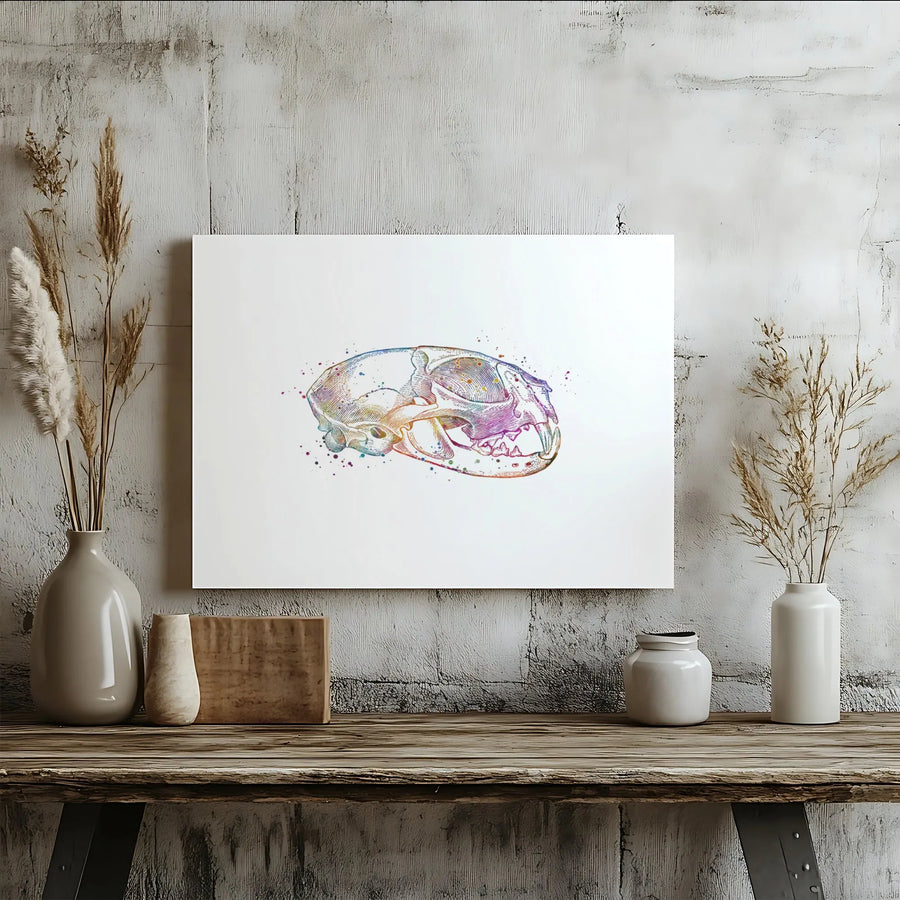 Cat Skull Wall Art | Watercolor Anatomical Feline Skeleton Print | Premium Gallery Wrapped Canvas | Unique Veterinary Decor Gift