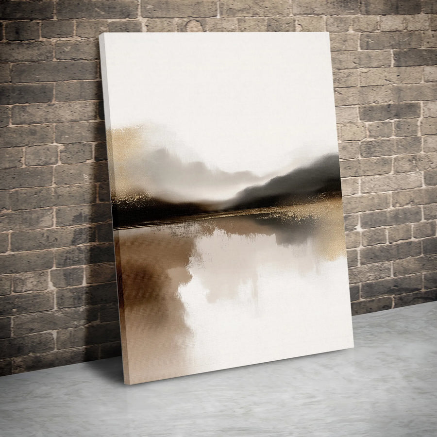 Abstract Landscape Canvas Wall Art | Misty Mountain Reflection with Gold Accents | Premium Gallery Wrapped Canvas | Modern Living Room & Office Decor Gift