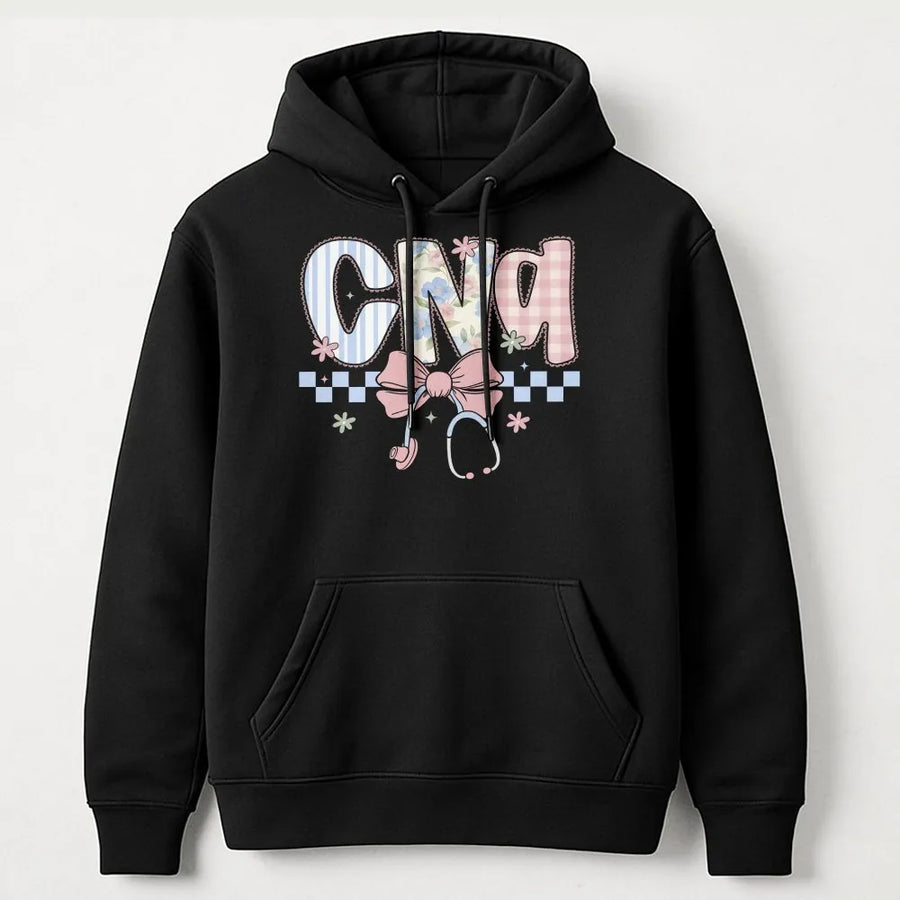 CNA Nurse Hoodie | Coquette Floral Stethoscope Bow Graphic | Soft Cotton Blend | Nurses Week Appreciation Gift for Certified Nursing Assistant