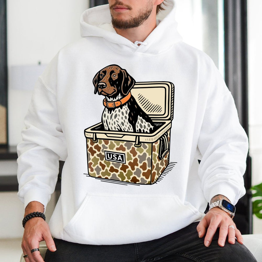 German Shorthaired Pointer Hoodie | GSP Hunting Dog In Camo Cooler Graphic | Premium Cotton Blend | Gift For Outdoorsman Dog Lovers