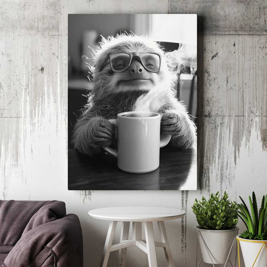 Sloth Coffee Wall Art | Whimsical Sloth With Glasses Canvas | Premium 1.25" Thick Gallery Wrap | Cute Animal Lover Home Decor Gift
