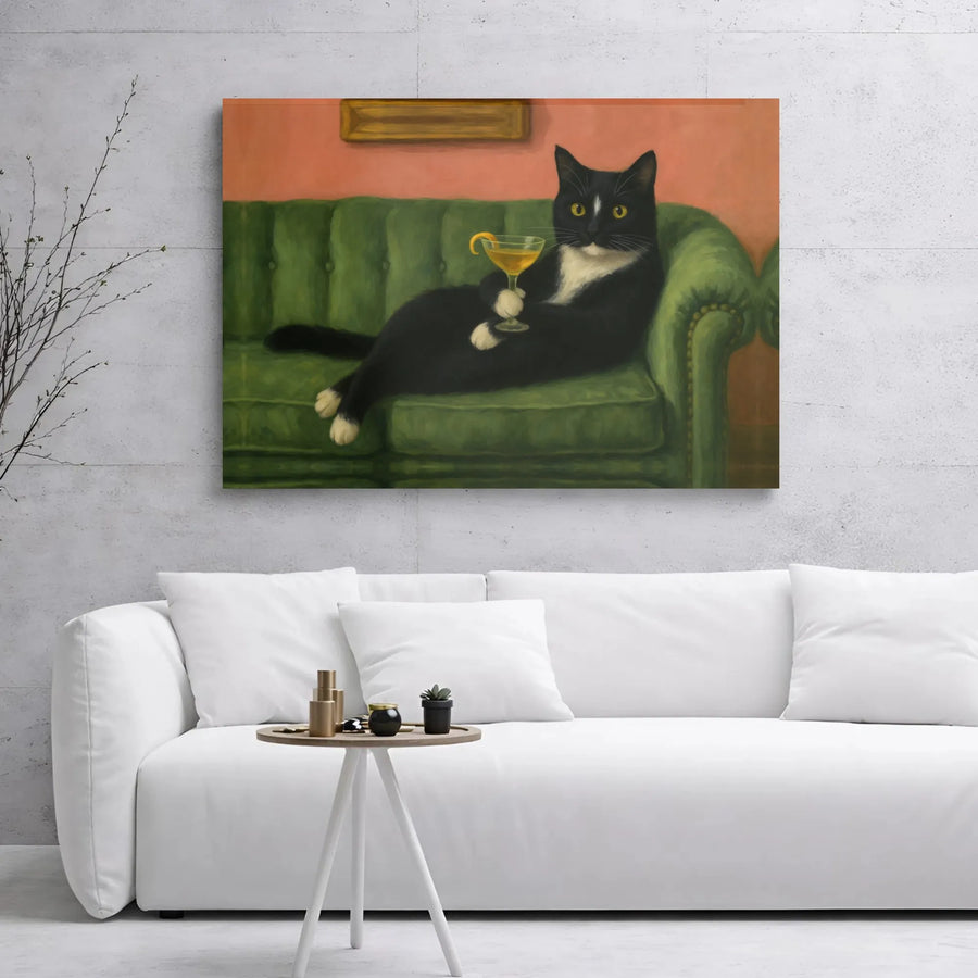 Tuxedo Cat Wall Art | Funny Sophisticated Cat Drinking Cocktail | Premium Gallery Wrapped Canvas | Quirky Home Decor Gift for Cat Lovers