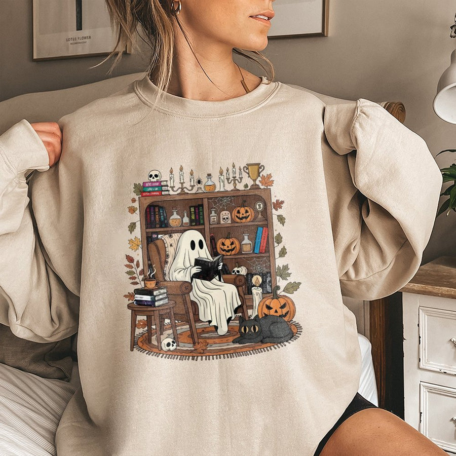 Cozy Ghost Reading Sweatshirt | Spooky Bookshelf Fall Graphic | Premium Cotton Blend | Bookish Halloween Gift for Readers