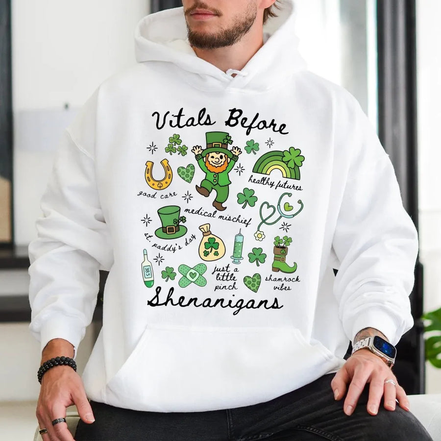 Vitals Before Shenanigans Hoodie | St Patrick’s Day Nurse Gift | Premium Cotton Blend | Funny Healthcare Worker St. Paddy's Day Apparel