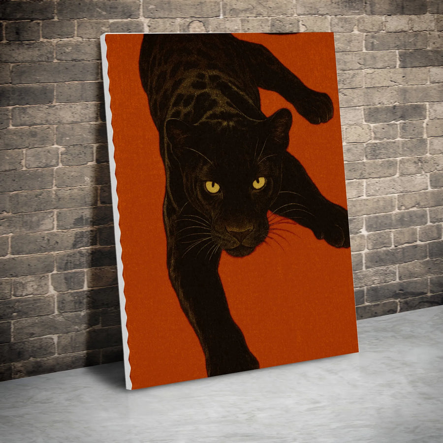 Black Panther Wall Art | Mid-Century Modern Animal Illustration | Premium Fade-Resistant Canvas | Bold Orange Home Decor Gift